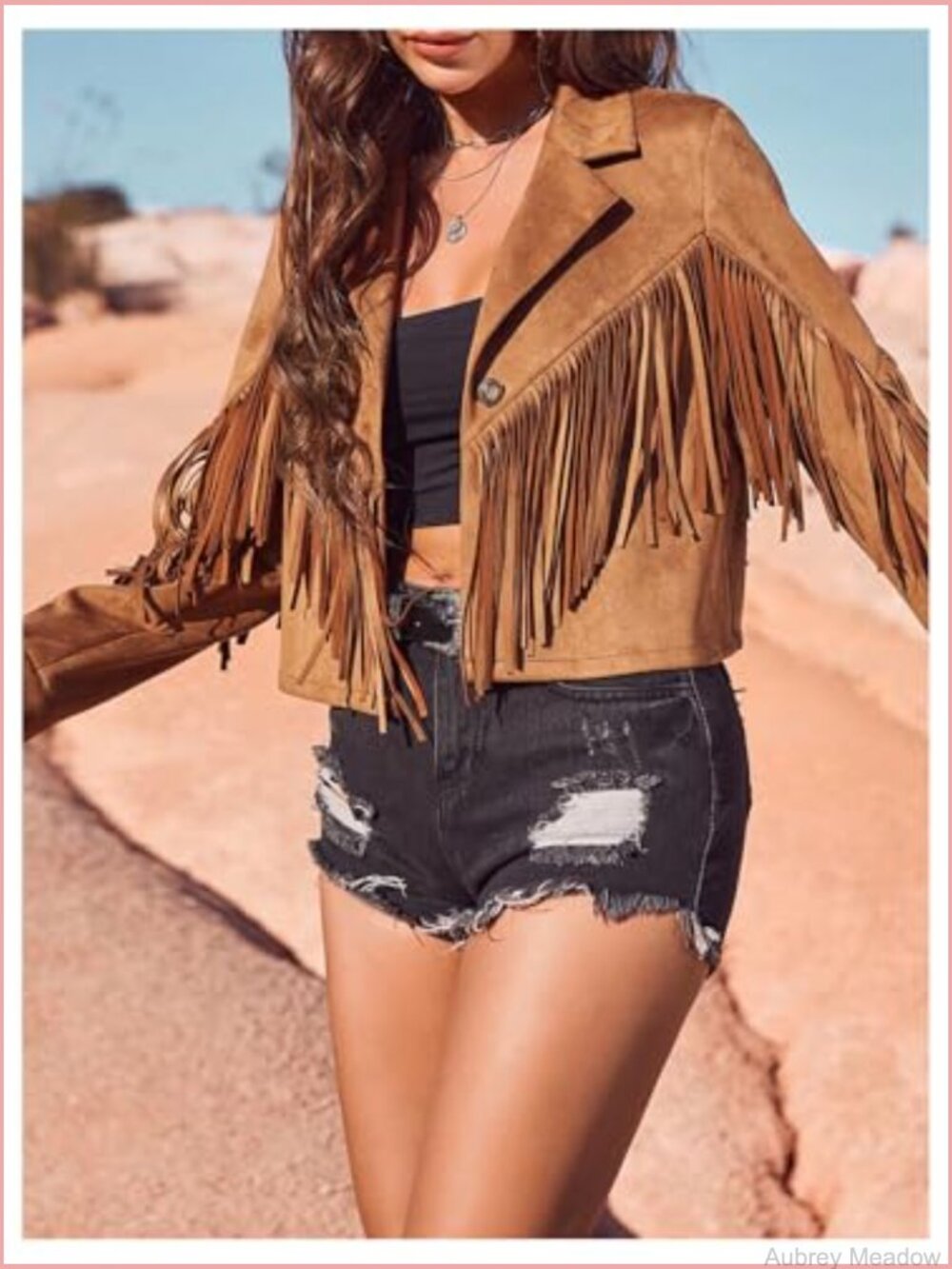 Faux Suede Fringe Open Front Long Sleeve Cardigan Jacket Western Country - Picture 3 of 5